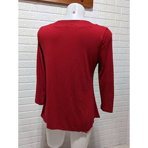 Adrianna Papell Women's Red V-Neck 3/4 Sleeve Asymmetrical Hem Blouse Size S - Picture 4 of 5